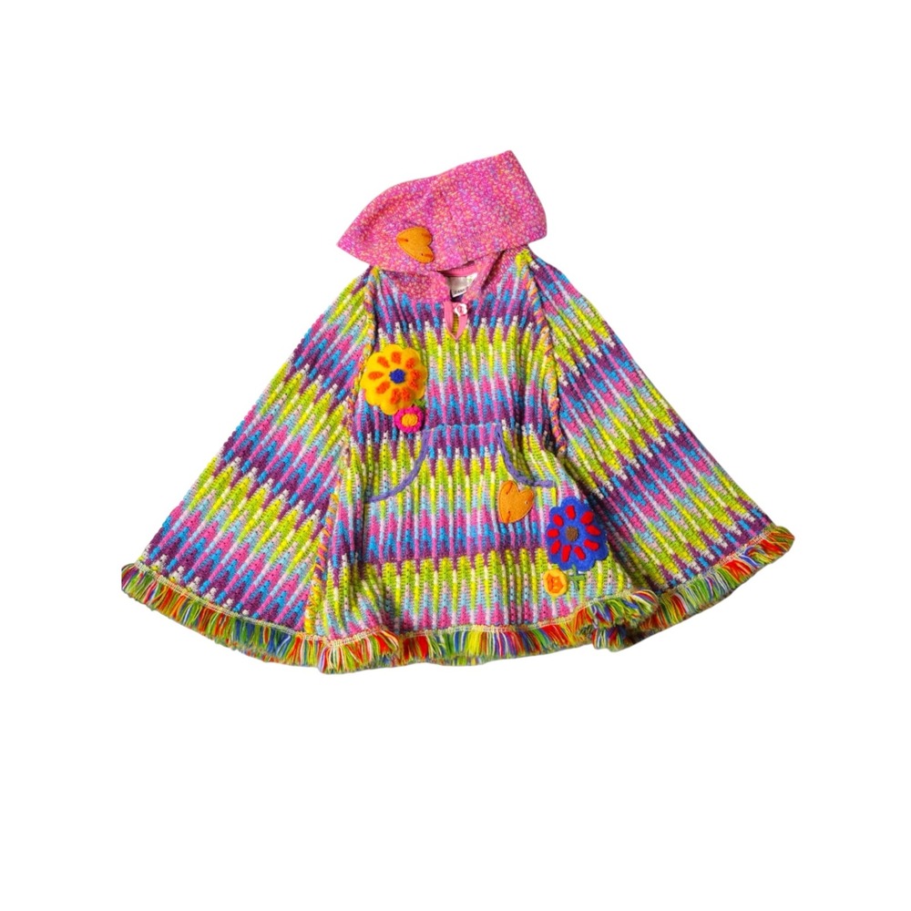 BABY SARA Rainbow Knit Hooded Poncho Fringe Flower Patchwork Size 24M